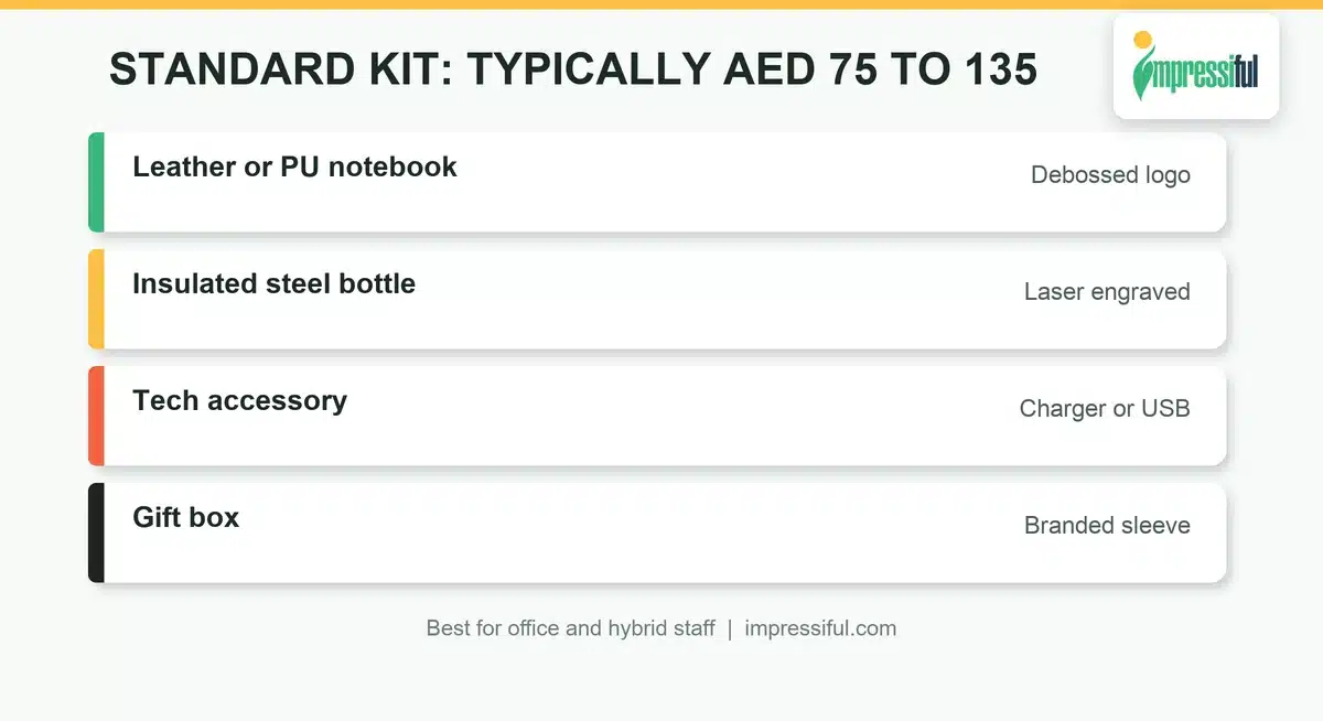 Standard employee welcome kit: leather notebook, insulated bottle and tech accessory in a gift box