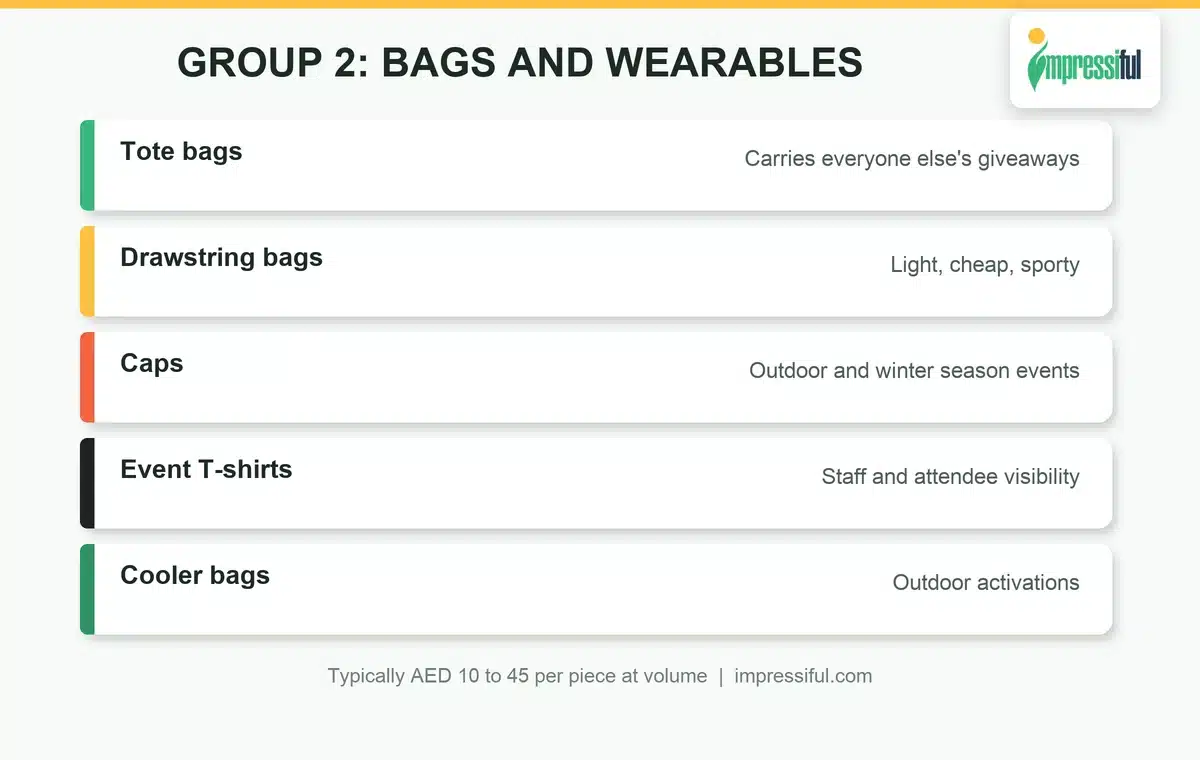 Bags and wearables event giveaways: tote bags, drawstring bags, caps, T-shirts and cooler bags