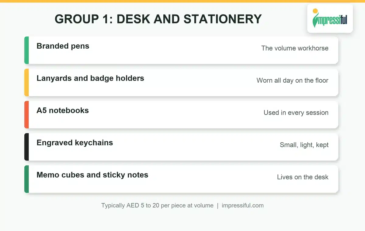 Desk and stationery event giveaways: branded pens, lanyards, notebooks, keychains and memo cubes