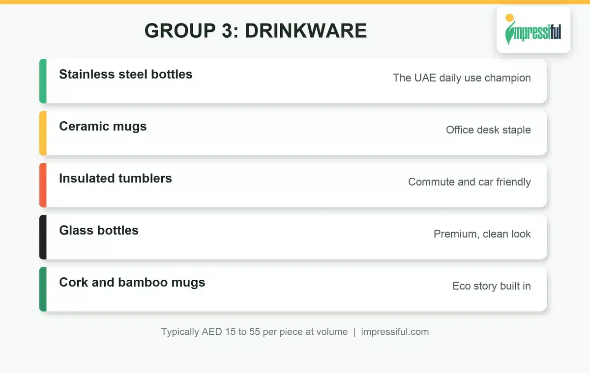 Branded drinkware giveaways: steel bottles, mugs, tumblers, glass bottles and cork mugs