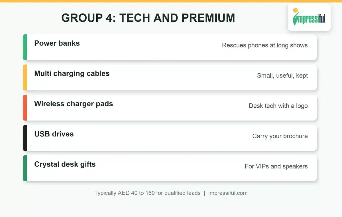 Tech and premium giveaways for qualified leads: power banks, cables, wireless chargers, USB drives and crystal gifts