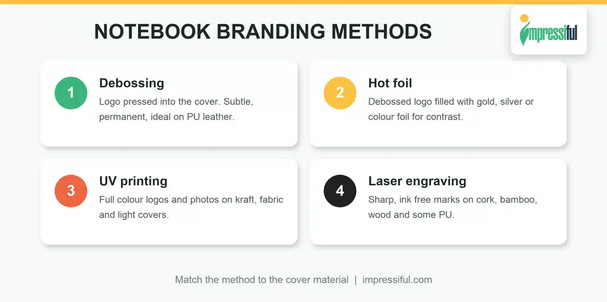 Notebook branding methods compared: debossing, hot foil, UV printing and laser engraving