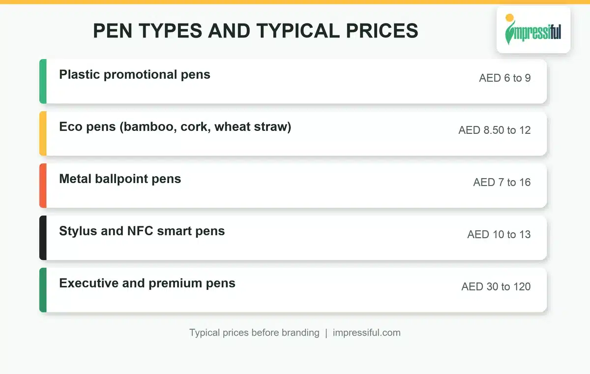 Promotional pens Dubai types and typical prices: plastic, eco, metal, stylus and smart, and executive pens