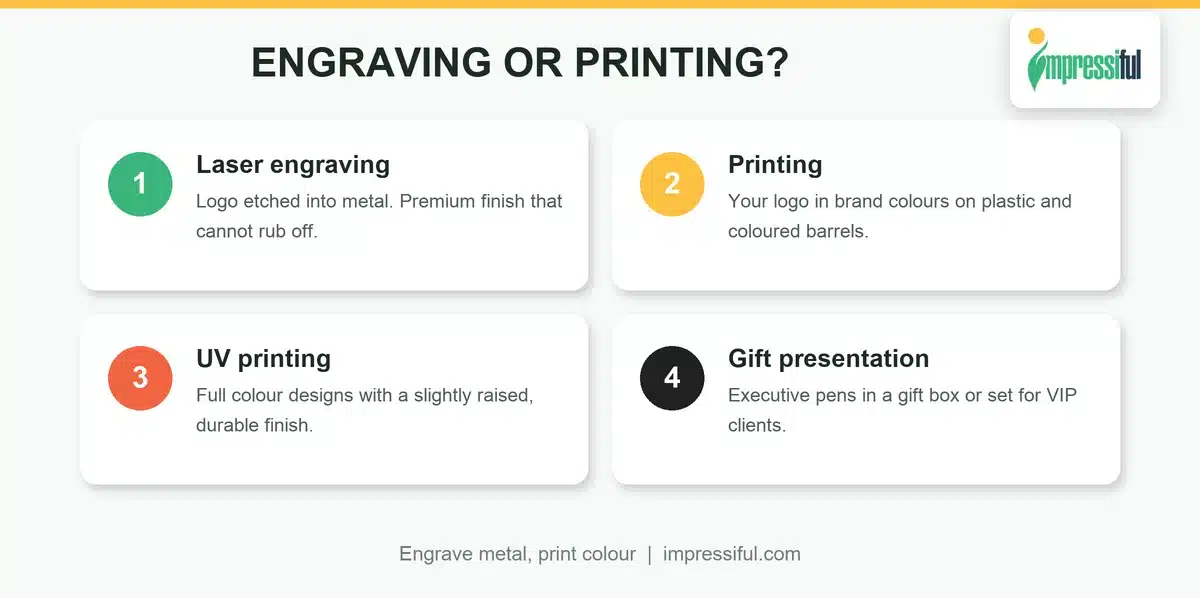 Engraving or printing for promotional pens: laser engraved metal pen compared with full colour UV printed pen