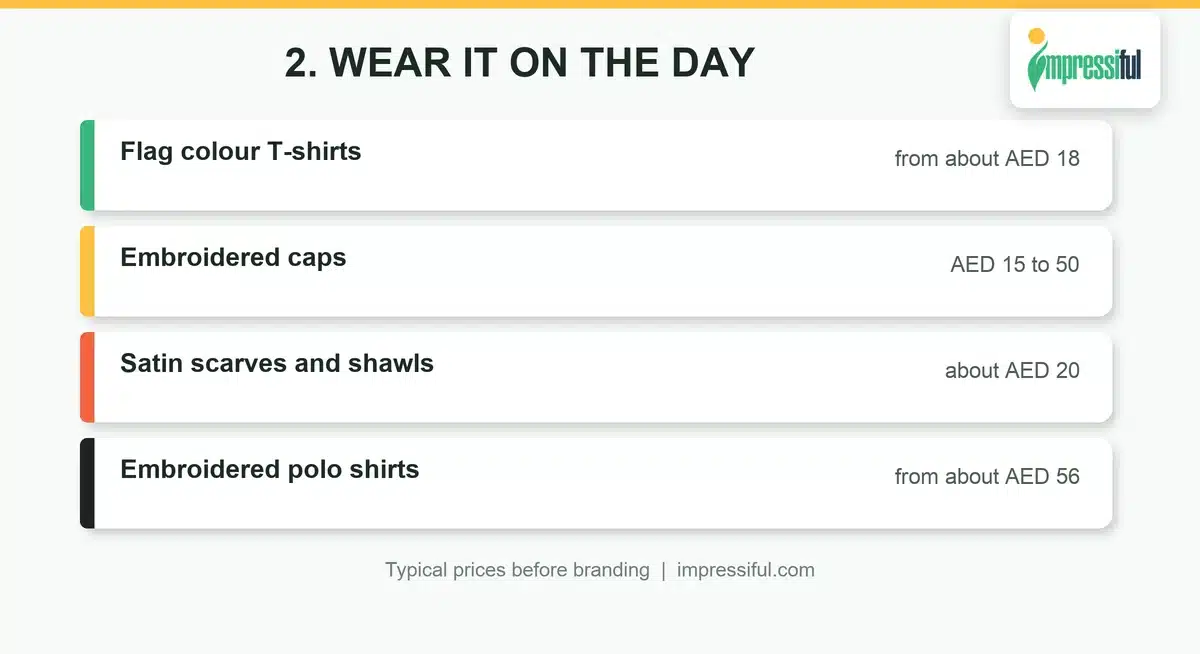 National Day apparel ideas: flag colour T-shirts, caps, satin scarves and embroidered polos