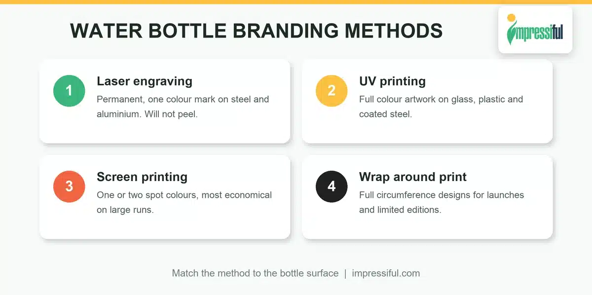 Water bottle branding methods compared: laser engraving, UV printing, screen printing and wrap around print